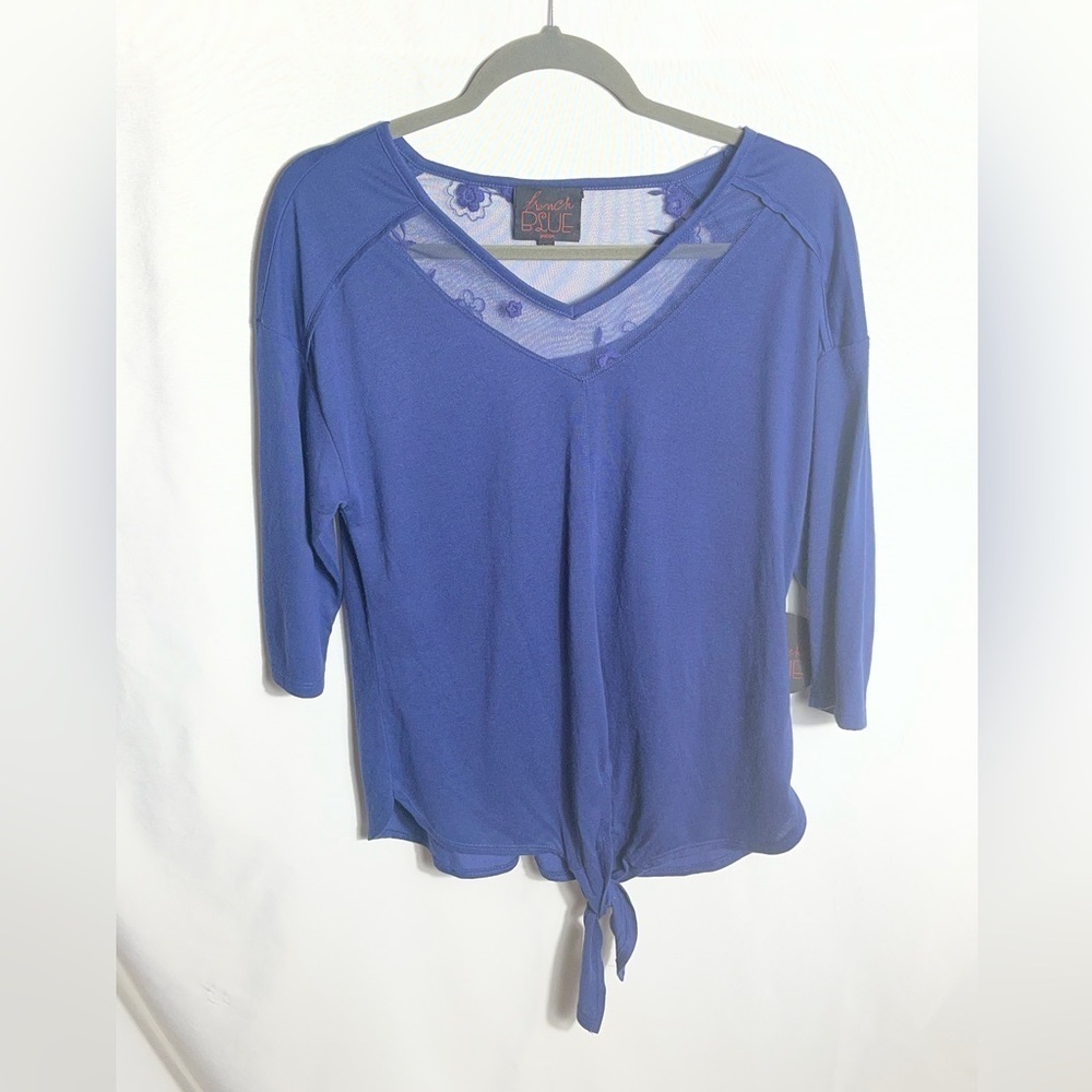 French Blue Petite Navy Tie Front V Neck Top Mesh Detail 3/4 Sleeve PS NWT